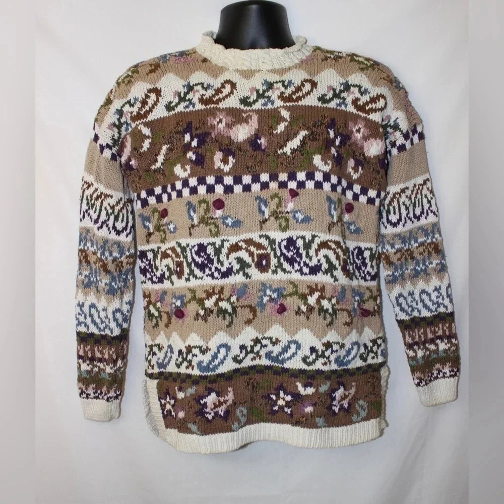 Women’s Vintage Knit Patterned Mockneck Cottagecore Neutral Toned Sweater Small